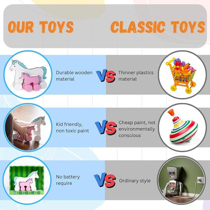 Jack Rabbit Creations Big & Little Unicorn Push Toy 2 in 1 Wooden Roller Animals- Pull STEM Toys for Toddlers Develops Coordination and Fine Motor Skills- Ages 18 Months+