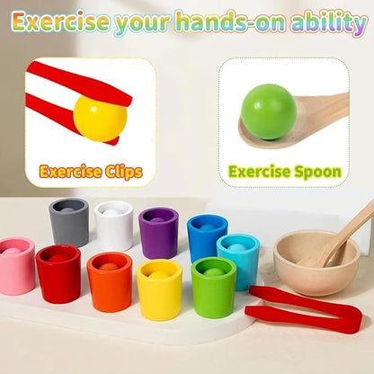 Rainbow Balls in Cups Toddler Toys, Kids Color Classification Cup Game, 10 Color Classification Beads, Wooden Colors Sorting Toy with 10 Ball, Learning Colors Sorting and Counting(12 Color)