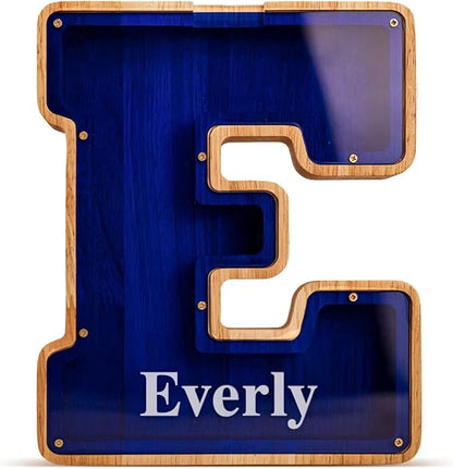 Summidate Customized Name Large Wooden Piggy Bank for Kids Boys Girls Alphabets Letter A-Z Coins Bills Money Change Bank Box Initial on Clear Cover (Laser Engraved) (Alphabet-N, Personalized-9")