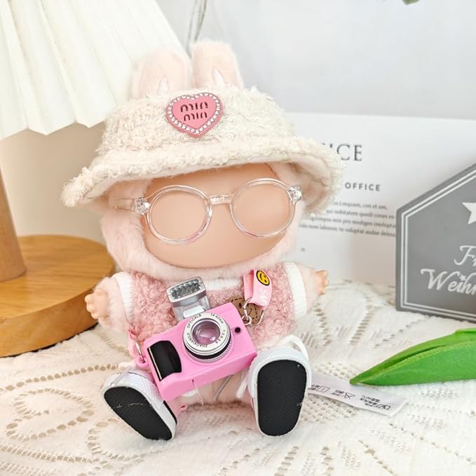 5 Set 17cm Doll Clothes, 17cm Doll Clothing Set, Light Pink Heart-Shaped Velvet hat + Small Camera + Glasses + Canvas Shoes(No Doll Included)