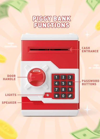 Piggy Bank for Girls Boys Large Electronic Money Coin Banks with Password Protection, Automatic Paper Money Scroll Saving Box, Great Gift for Kids (Red-White)