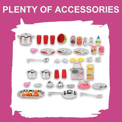 Doll Kitchen Playset for Kids, My Modern Mini Kitchen House Furniture Pretend Play Toy Accessories Set with Realistic Lights & Sounds for Toddlers, Girls (4-in-1)