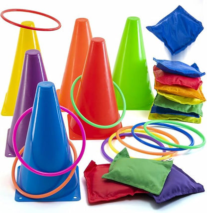 Prextex Multicolored 3-in-1 Yard Game Set - Ring Toss Game, Bean Bags, Cones - Outdoor Toys for Toddlers & Kids, Children's Indoor Play, Family Fun Carnival Games, Kids Party Cornhole Set, Lawn Games