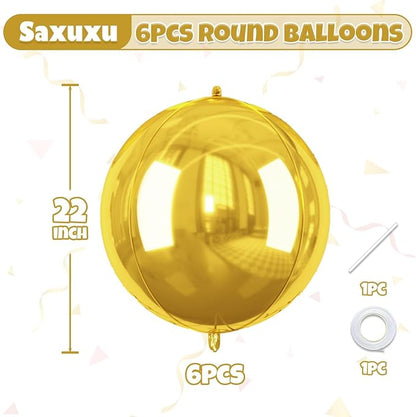 Gold Giant 4D Foil Balloons, Saxuxu 6Pcs Large Metallic Gold Round Balloons, 22 Inch Big Round Foil Balloon for Gold Birthday Party Baby Shower Wedding Decorations