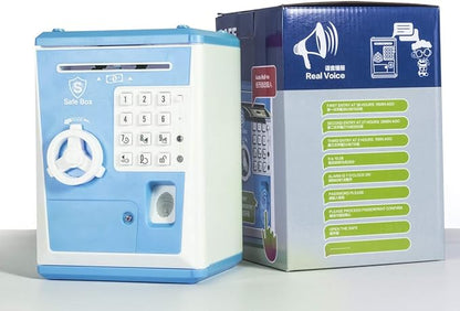 Toy Safe Box, Electronic ATM Piggy Bank, Money Coin Savings Bank, Finger Print Scanner Lock, Great Gift for Children Kids (Blue/White)