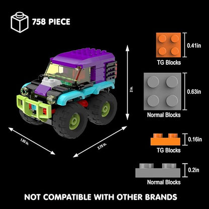 4 Pack Monster Truck Micro Brick Building Blocks Set, Pull Back Car Toy Vehicles Set, Birthday Party Favor or Gift for Teens Ages 8+ Kids