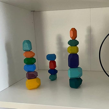 16 Pcs Wooden Stacking Blocks Rocks Building Toys, Colored Solid Wood Stones Pre-School Educational Games Creative Toys for Kids Toddlers