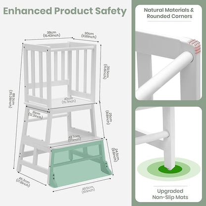 COSYLAND Toddler Kitchen Step Stool Helper - Wooden Standing Tower for Kids with Anti-Tip Support Legs - Mothers' Helper Kids Learning Stool for Kitchen Counter (White)