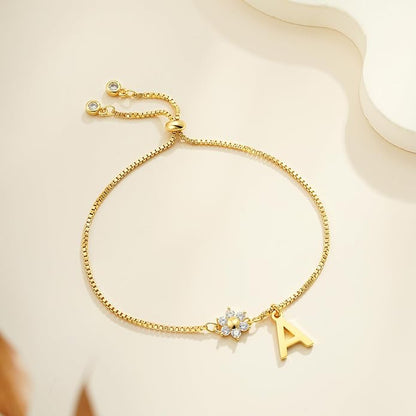 C-leen Gold Initial Bracelets for Women Girls - 18K Gold Plated Flower CZ Initial Bracelet Teen Girl Gifts Trendy Stuff Dainty Gold Bracelets for Women Girls Trendy Jewelry Gifts