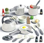 Bruvoalon 32Pcs Kids Play Kitchen Toys Set, Toddlers Pretend Cooking Playset Acccessories with Pots Pans, Utensils Cookware, Foods, Canned Veges, Learning Gift for Kids Girls Boys (White)