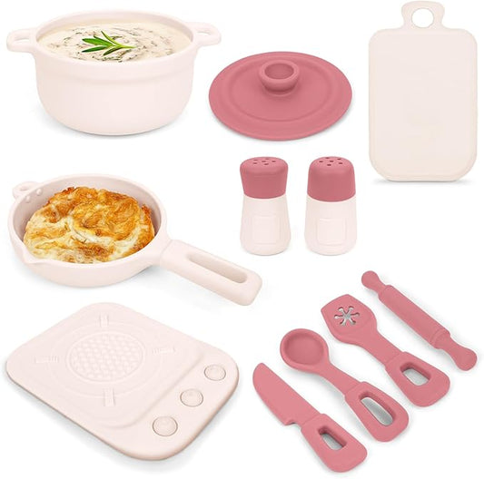 TYRY.HU Play Kitchen Accessories, 11Pcs BPA Free Silicone Pretend Play Food Sets, Play Kitchen Set,Play Kitchen Cooking Utensils Pots & Pans, Pretend Role Play Cooking Toys Gifts for Toddlers 1-3,Pink