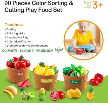 90Pcs Kitchen Playset Accessories, Pretend Cooking with Pots, Pans, Cookware, Food, Fruit, Veges, Color Sorting Baskets, Prop Money, Learning Gift for Girls Boys Toddlers (Turquoise)