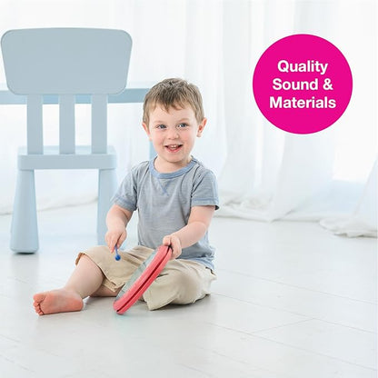 Edushape Classic Flat Drum for Baby with Easy-Grip Mallet - Set of 1 Red Color Baby Drum Toy for Toddlers, 2-Year Old and Up - Small Drums Musical Toy for Babies, Fun Tummy Time, Sensory Development
