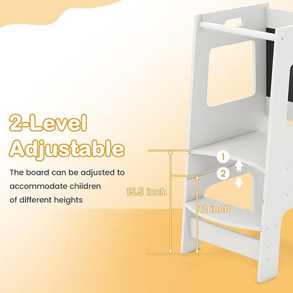 INFANS Toddler Standing Tower, Kids Montessori Kitchen Step Stool Helper with 2 Adjustable Height Learning Blackboard Safety Rail Wooden, Anti-Slip Mats, 1-3 Year Old Boy Girl Gifts (White)