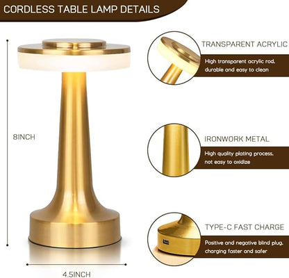 Cordless Metal Desk Lamp, Touch Sensor Control LED Table Lamp,3 Color Stepless Dimmable Battery Powered Lamp for Living Room, Dorm, Home Office (Gold)