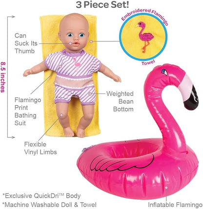 Adora Splash Time Babies Collection, 8.5” Baby Doll with Sweet Baby Smell, Premium QuickDri Vinyl and Machine Washable, Includes Clothes and Accessories, Birthday Gift For Ages 3+ - Fun Flamingo