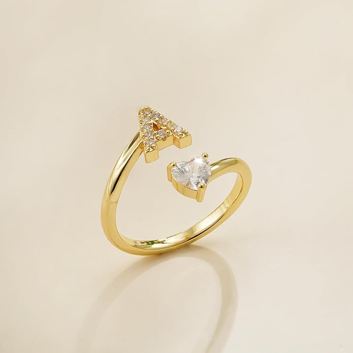 Initial Gold Rings for Girls Women - Dainty 14K Gold Plated Adjustable Letter A-Z Rings Teen Girls Gifts Trendy Stuff Heart CZ Initial Ring Teens Birthday Gift for Girls Non Tarnish