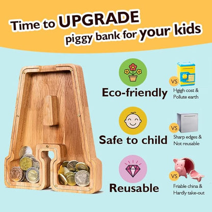 Summidate Customized Name Large Wooden Piggy Bank for Kids Boys Girls Alphabets Letter A-Z Coins Bills Money Change Bank Box Initial on Clear Cover (Laser Engraved) (Alphabet-N, Personalized-9")