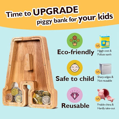 Summidate Customized Name Large Wooden Piggy Bank for Kids Boys Girls Alphabets Letter A-Z Coins Bills Money Change Bank Box Initial on Clear Cover (Laser Engraved) Educational Toys 9"- Letter C