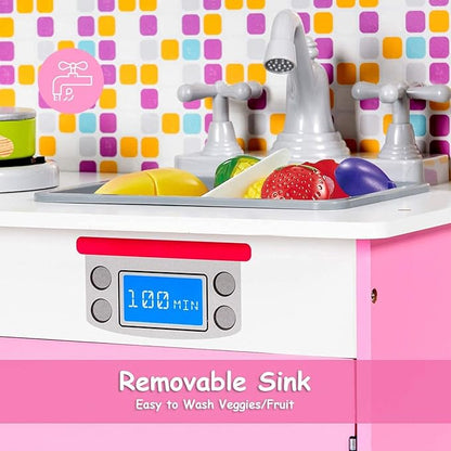 GLACER Kids Kitchen Playset, Wooden Pretend Cooking Set w/Removable Sink, Food & Cookware Accessories, Top Display Shelf, Play Kitchen Toy Set, Realistic Cooking for Toddlers (Pink)