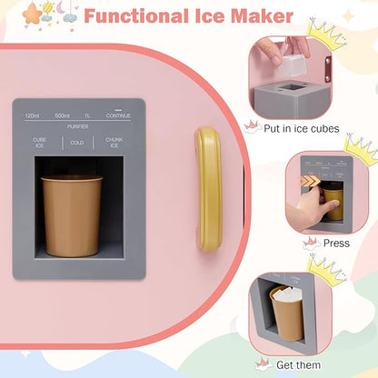 GLACER Corner Wooden Play Kitchen for Kids, Large Pretend Play Kitchen Playset with Sound, Light, Chalkboard, Microwave, Ice Maker, Washing Machine, Accessories, Toy Kitchen Set for Ages 3+ (Pink)