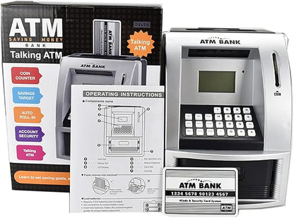 ATM Piggy Bank for Kids, Electronic Money Bank with Coin Counter, Goal Tracker, Password & Card, Auto Bill Intake with Voice Prompts – Compact Savings Gift for Boys & Girls Ages 6–12 (Black)