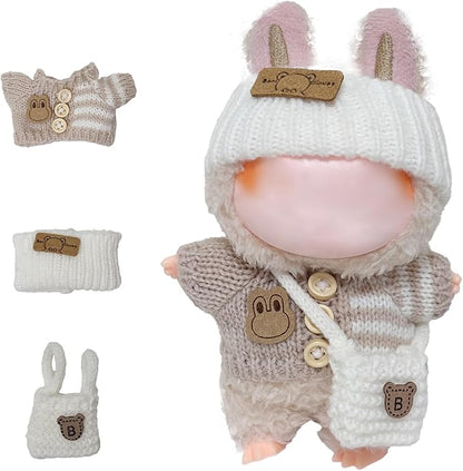 Clothes for 17cm Dolls Accessories Crochet 3 Piece Set Outfits for Doll(Beige Sweater)