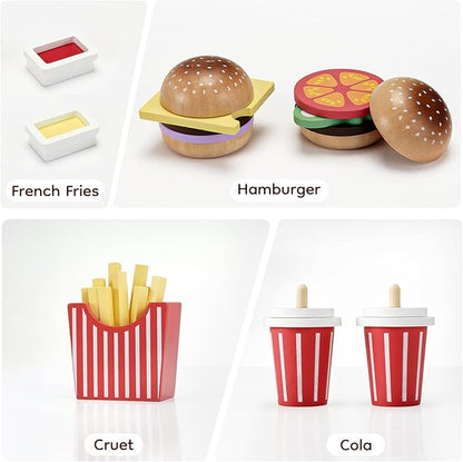 Wooden Play Food Toy for Kids Pretend Play Kitchen Accessories for Toddlers Wooden Play Fast Food Hamburger Set Educational Toys Gift for Boys Girls