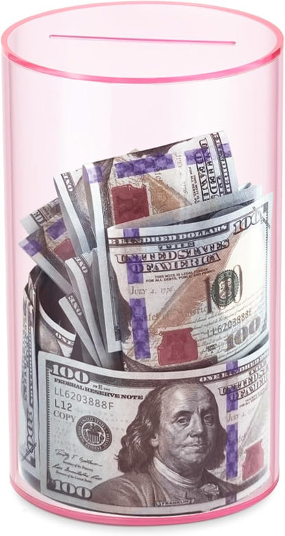 Clear Piggy Bank for Adults/Kids, Acrylic Unopenable Money Box for Cash Coin Saving, Must Break to Open, Money Saving Jar for Adults Boys Girls, Size 8" H x 5" Diameter(Pink)
