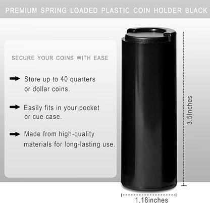 Coin Holder Tube - Holds 40+ Coins for Quarters and Dollar Bills - Premium Black Plastic Coin Boxes - Billiard Accessory Dispenser