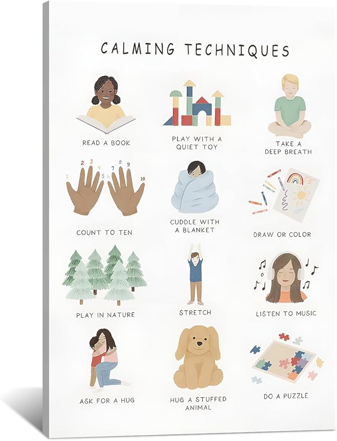Feelings Calming Techniques Canvas Wall Art Calming Corner Classroom Mental health Posters Boho Emotions Chart for Kids Prints Special Education Wall Decor for Office School 16x24in Framed