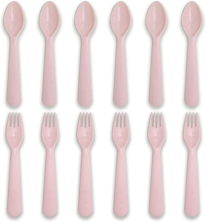 12 Pcs Kids Spoons and Forks Toddler Utensils Plastics Reusable Silverware Baby Cutlery Set Feeding Dinnerware Utensils BPA Free Microwave Dishwasher and Freezer Safe- Pink