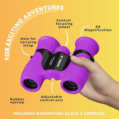 Promora Binoculars for Kids, Set with Magnifying Glass & Compass Purple - Perfect Toy for Little Boys and Girls, Kids Binoculars for 3-12 Years Boys and Girls Present for Toddler