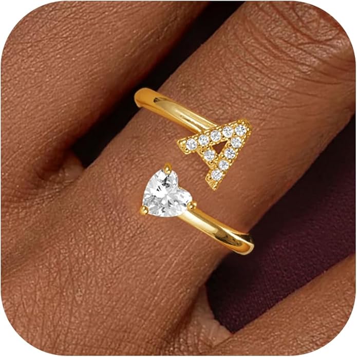 Initial Gold Rings for Girls Women - Dainty 14K Gold Plated Adjustable Letter A-Z Rings Teen Girls Gifts Trendy Stuff Heart CZ Initial Ring Teens Birthday Gift for Girls Non Tarnish