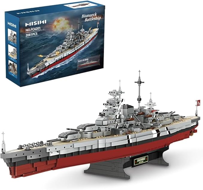 MISINI Technik FC4201 German Battleship Bismarck Clamp Blocks, 2081 PCs/MOC Large WWII German Military Warship Marine Battleship Model for Adult
