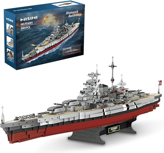 MISINI Technik FC4201 German Battleship Bismarck Clamp Blocks, 2081 PCs/MOC Large WWII German Military Warship Marine Battleship Model for Adult
