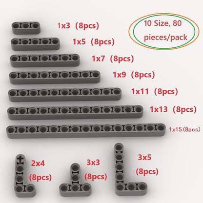 Liftarms Assortment Pack - 80 Dark Gray Liftarms Beams with 10 Sizes, Compatible with Lego Parts