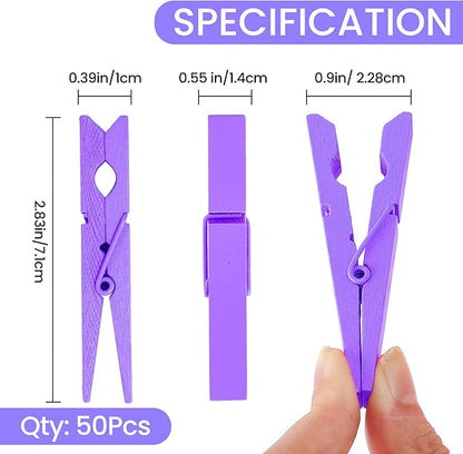 50PCS Colored Wooden Clothespins, 2.9inch Purple Clothes Pins for Clip Pictures Photos Decorative, Small Colorful Wood Decoration Closepins Clips