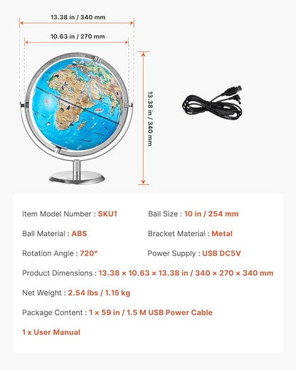 VEVOR Educational World Globe, 10 in/254 mm, Interactive Globe for Kids, with AR Golden APP, 720° Rotation, LED Night Lighting, 197 National Geographic Knowledge, STEM Toy, for Children Ages 4–10