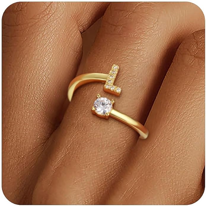 Gold Rings for Girls Women - Dainty 14K Gold Plated Adjustable Letter Rings Teen Girls Gifts Trendy Stuff Initial Ring Teen Girl Birthday Christmas Gift for Girl Non Tarnish