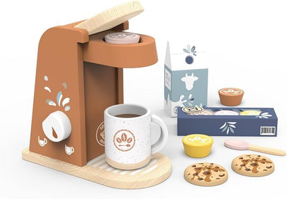 Speedy Monkey Wooden Kids Coffee Machine Playset – FSC Certified Pretend Play Espresso Maker, Barista Role Play Café Set Toy for Toddlers, Boys & Girls, Coffee Grinder with Cups & Kitchen Accessories