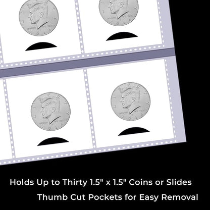 50-Sheets 30-Pocket Thumb-Cut Coin Pages - Coin Pocket Pages for 1.5 x 1.5 Inch Cardboard Coin Holder, Collecting Sleeves for Coin Flips, 1500 Pockets for Coin Binder, Coin Collection Storage Supplies