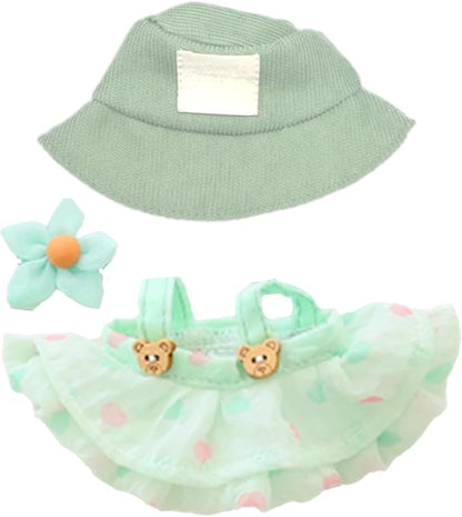 Clothes for 17cm Doll (Clothes Only) – 3-Piece Outfit Set with Hat, Green Dress and Flower Accessory for an Adorable Dressed-Up Look – 17cm Doll Accessories