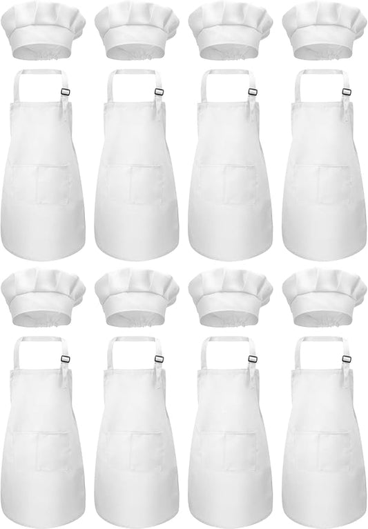 8 Set Kids Apron and Chef Hat Set Kids Apron with 2 Pockets Adjustable for Boys Girl's Cooking Baking Painting