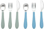 Kids Stainless Steel Utensils Set - Premium 18/8 Grade Silverware Kit - 2 Spoons, 2 Forks, and 2 Knives for Ages 4-7 - Silicone Easy-Grip Handles - Children Flatware Cutlery (Matte - Green, Blue)