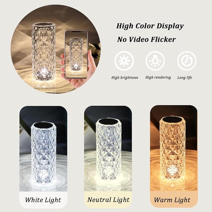 Portable Crystal Table Lamp, 3-Color Touch Control Rechargeable Night Light, Bedside & Desk Lamp for Bedroom, Living Room, Kitchen & Dining Room (3-Color Rose)