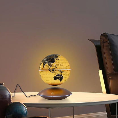 6" Magnetic Levitating Globe, 360°Rotating Geographic Globes Levitating Globes with LED Light Floating Magnetic Levitation Floating Globe for Desk Home Office Classroom Study Room(Gold/Single Color Light)