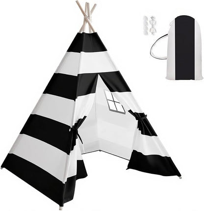 Teepee Tent for Kids with Carry Bag, Washable Playhouse for Indoor Use, Ideal Play Tent for Girls and Boys, Stripe Black