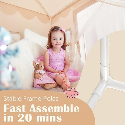 Kids Play Tent with Non-Slip Mat, Star String, Decorating Flag, Machine Washable Large Playhouse, Indoor and Outdoor Play Tent for Kids, Cream, 47" x 40" x 52"