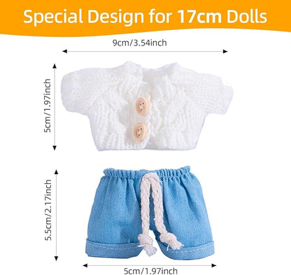 17cm Doll Clothes Set, Premium Jeans & Knitted Sweater Outfit for 17cm 15cm Dolls, Cute Dress Up Fashion, No Doll Included (White, 17cm/15cm)
